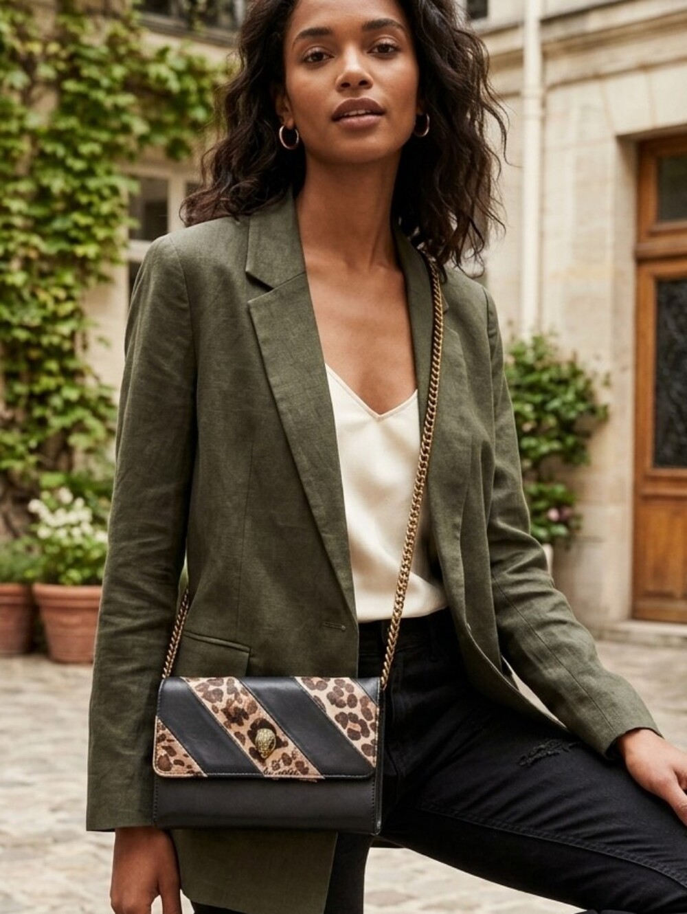 Leather Crossbody Bag with Leopard Accent - Black